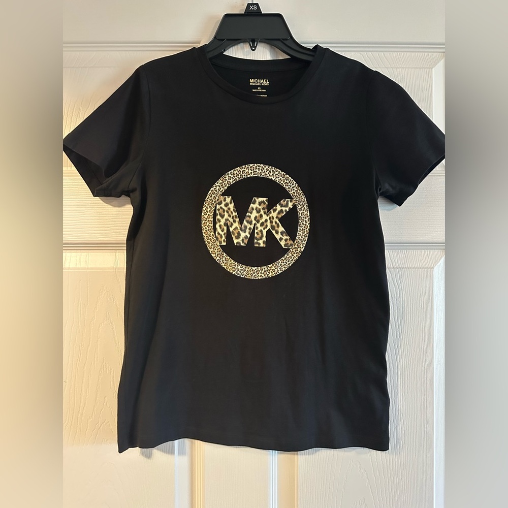 Michael Kors Black Tee with Leopard Print Logo
